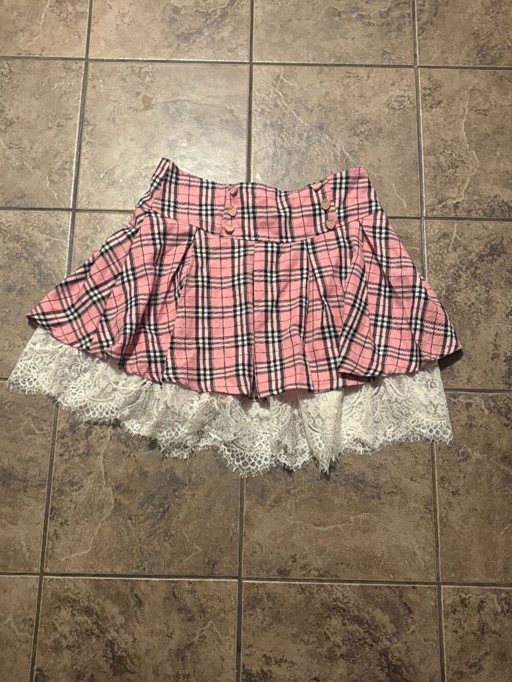 Hot Topic Pink Plaid Pleated Mini Skirt With White Lace Trim